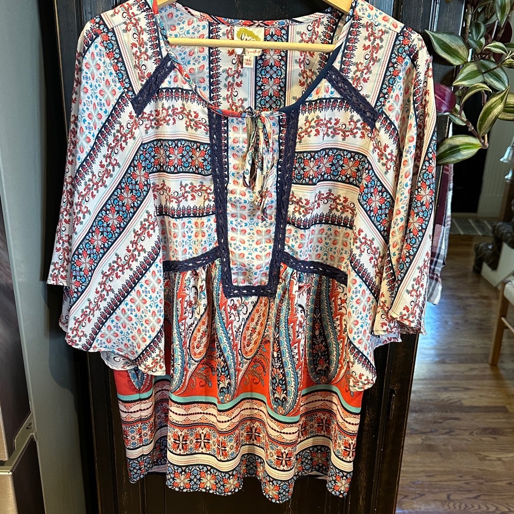 Anthropologie Fig and Flower Blue Red Floral Bohemian Blouse‎ XL